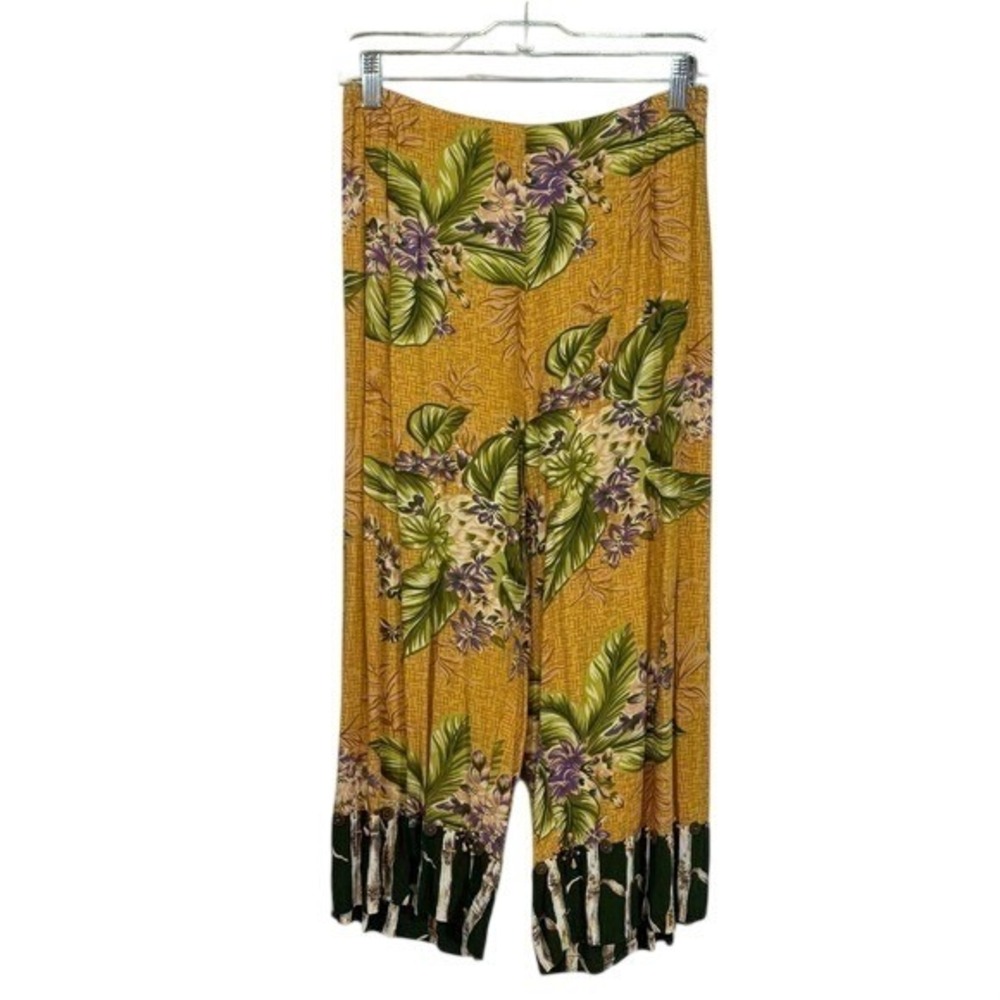Tropical Floral Wide Leg Capri Pants Yellow Boho Bamboo Vacation Summer SMALL